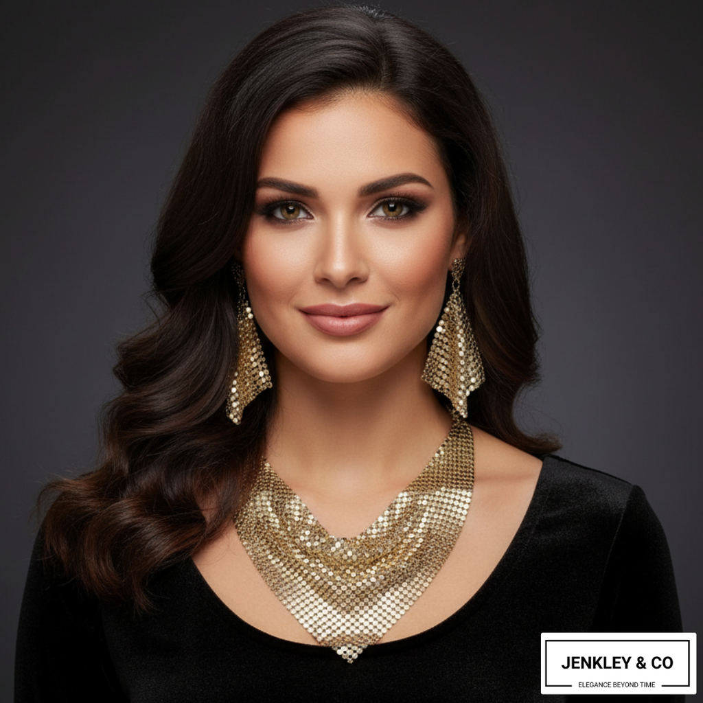Celebrity Edition : Vintage Gold Plated Disco Mesh Necklace Set (Free Earrings Included)