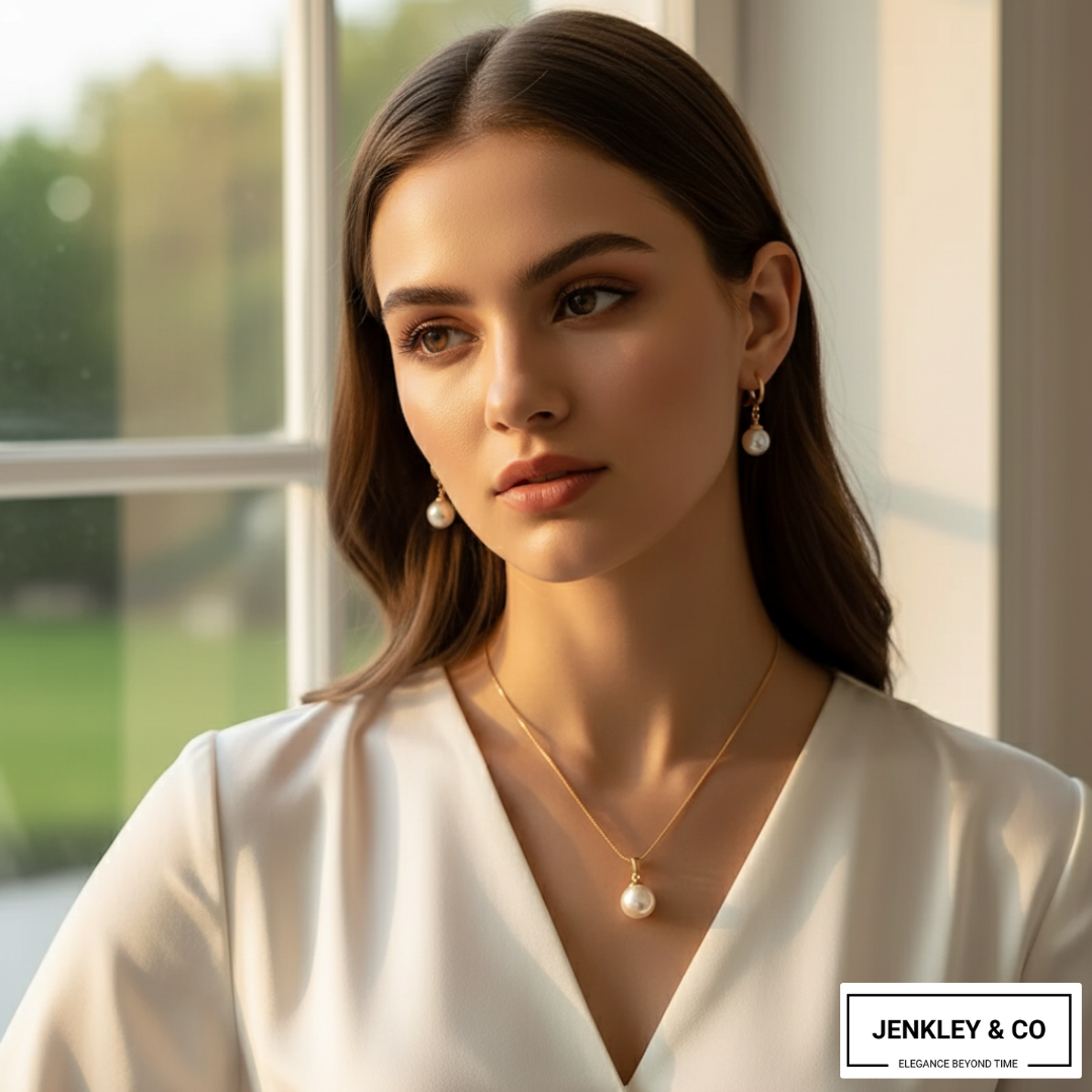 Statement Pearl Pendant & Earrings Set – Gold Plated Jewellery💫