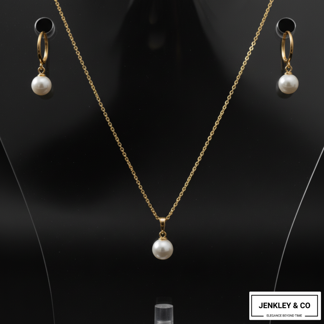 Statement Pearl Pendant & Earrings Set – Gold Plated Jewellery💫