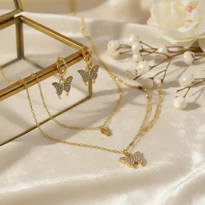✨ Trendy Double Butterfly Alloy Plating Rhinestones Necklace Set With Earrings Jenkley & Co