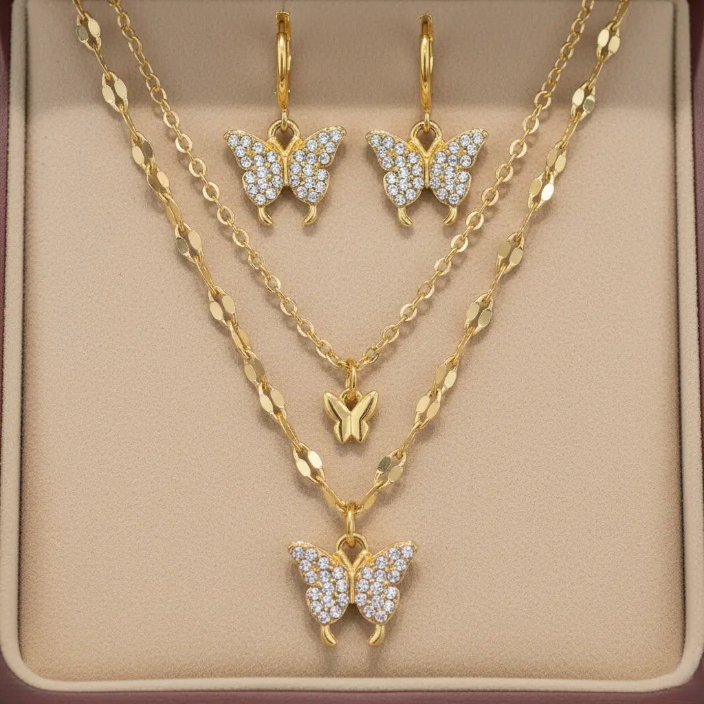 ✨ Trendy Double Butterfly Alloy Plating Rhinestones Necklace Set With Earrings Jenkley & Co