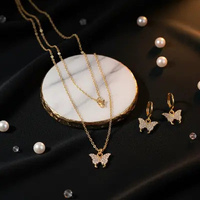 ✨ Trendy Double Butterfly Alloy Plating Rhinestones Necklace Set With Earrings Jenkley & Co